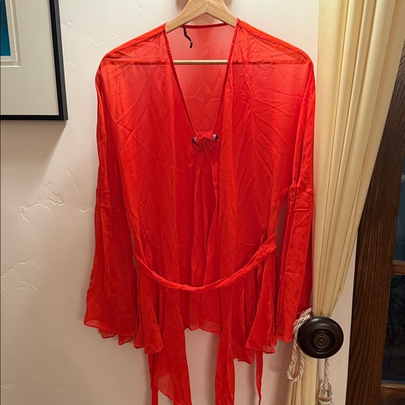 Roberto Cavalli Tops - Roberto Cavalli Vibrant  Red Sheer Kimono shirt with ornate detail